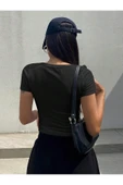 U Yaka Siyah Renk Fitilli Kısa Kollu Slim Fit Crop Top Bluz - 2