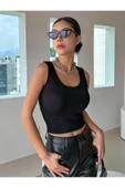 Siyah Renk Kalın Askılı Kare Yaka Düz Desensiz Fitilli Likralı Kaşkorse Crop Top Bluz - 5