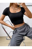 Balerin Yaka Siyah Renk Fitilli Kısa Kollu Slim Fit Crop Top Bluz - 8