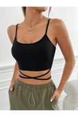 Yuvarlak Yaka Askılı Çapraz Bağcıklı Siyah Renk Fitilli Crop Top Bluz - 4