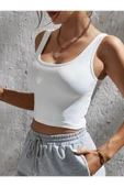 Kadın Kare Yaka Beyaz Slim Fit Crop Top Bluz - 3