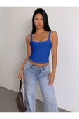 Mavi Renk Kalın Askılı Düz Desensiz Likralı Kaşkorse Fitilli Crop Top Bluz - 4