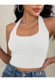 Kadın Boyun Askılı U Yaka Beyaz Renk Fitilli Crop Top Bluz - 4
