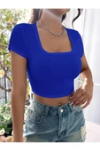 Kare Yaka Mavi Renk Fitilli Kısa Kollu Slim Fit Crop Top Bluz - 5