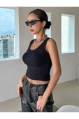 Siyah Renk Kalın Askılı Kare Yaka Düz Desensiz Fitilli Likralı Kaşkorse Crop Top Bluz - 6