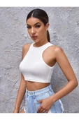Beyaz Renk Halter Yaka Düz Desensiz Likralı Slim Fit Crop Top Bluz - 4
