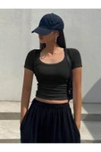U Yaka Siyah Renk Fitilli Kısa Kollu Slim Fit Crop Top Bluz - 1