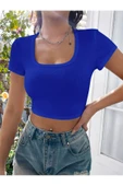 Kare Yaka Mavi Renk Fitilli Kısa Kollu Slim Fit Crop Top Bluz - 4