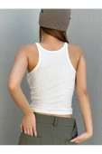 Racerback Yüzücü Sırtlı Pamuk Elastan U Yaka Askılı Beyaz Renk Fitilli Crop Top Bluz - 1