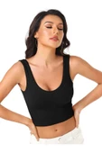 Kadın U Yaka Siyah Renk Crop Top Bluz Atlet - 1