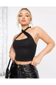 Kadın Boyun Bağlamalı Asimetrik Yaka Siyah Crop Top Bluz - 1