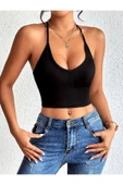 Siyah Renk U Yaka Düz Desensiz Likralı İnce Askılı Fitilli Kaşkorse Fit Crop Top Bluz - 2