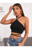 Halter Yaka Çapraz Askılı Siyah Renk Fitilli Crop Top Bluz - 4