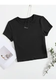 Bisiklet Yaka Siyah Renk Fitilli Kısa Kollu Slim Fit Crop Top Bluz - 1