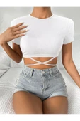 Beyaz Renk Bisiklet Yaka Düz Desensiz Likralı İpli Fitilli Kaşkorse Crop Top Kısa Kollu Bluz - 1