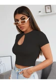 Degaje Bisiklet Yaka Siyah Renk Fitilli Kısa Kollu Slim Fit Crop Top Bluz - 5