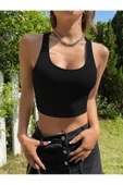 Kadın Boyun Askılı U Yaka Yüzücü Sırtlı Siyah Renk Fitilli Crop Top Bluz - 4