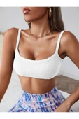 Kadın Geniş Yaka Askılı Sütyen Stili Beyaz Super Crop Top Büstiyer - 3