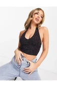 Kadın Boyun Askılı Degaje Yaka Asimetrik Puantiyeli Siyah Dalgıç Crop Top Bluz thumbnail 1