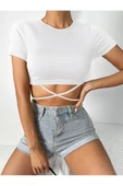 Beyaz Renk Bisiklet Yaka Düz Desensiz Likralı İpli Fitilli Kaşkorse Crop Top Kısa Kollu Bluz - 5