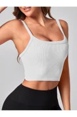 2 Li Paket U Yaka Siyah Beyaz Renk Desensiz Fitilli Kolsuz Askılı Likralı Fit Crop Top Bluz - 3