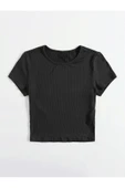 Bisiklet Yaka Siyah Renk Fitilli Kısa Kollu Slim Fit Crop Top Bluz - 2