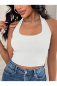 Kadın Boyun Askılı U Yaka Beyaz Renk Fitilli Crop Top Bluz - 5
