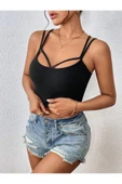 Havuz Yaka Çapraz Askılı Siyah Renk Fitilli Crop Top Bluz thumbnail 6