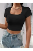 Kare Yaka Siyah Renk Fitilli Kısa Kollu Slim Fit Crop Top Bluz - 4