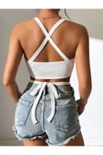 Düz Yaka Çapraz Bağcıklı Askılı Beyaz Renk Fitilli Crop Top Bluz - 2