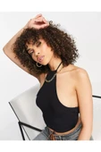 Kadın Halter Yaka Siyah Crop Top Bluz - 2