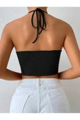 Halter Yaka Bağlamalı Büzgülü Siyah Renk Fitilli Crop Top Bluz - 2