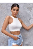 Beyaz Renk Halter Yaka Düz Desensiz Likralı Slim Fit Crop Top Bluz - 6