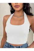 Kadın Boyun Askılı U Yaka Beyaz Renk Fitilli Crop Top Bluz - 3
