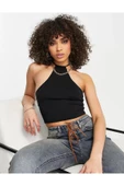 Kadın Halter Yaka Siyah Crop Top Bluz - 1