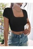 Kare Yaka Siyah Renk Fitilli Kısa Kollu Slim Fit Crop Top Bluz - 6