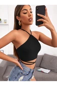 Halter Yaka Çapraz Askılı Siyah Renk Fitilli Crop Top Bluz - 3