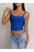 Mavi Renk Kalın Askılı Düz Desensiz Likralı Kaşkorse Fitilli Crop Top Bluz - 1