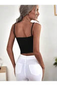 U Yaka Siyah Renk Desensiz Askılı Omzu Açık Fitilli Likralı Fit Crop Top Bluz - 2