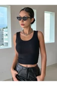 Siyah Renk Kalın Askılı Kare Yaka Düz Desensiz Fitilli Likralı Kaşkorse Crop Top Bluz - 4
