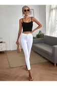 U Yaka Siyah Renk Desensiz Askılı Omzu Açık Fitilli Likralı Fit Crop Top Bluz - 6