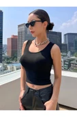 Siyah Renk Kalın Askılı Kare Yaka Düz Desensiz Fitilli Likralı Kaşkorse Crop Top Bluz - 8