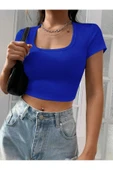 Kare Yaka Mavi Renk Fitilli Kısa Kollu Slim Fit Crop Top Bluz - 6