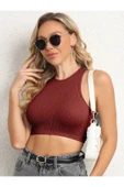 Kadın Bisiklet Yaka Melanj Bordo Renk Crop Top Bluz - 1