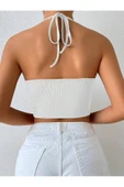 Halter Yaka Bağlamalı Büzgülü Beyaz Renk Fitilli Crop Top Bluz - 2