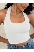 Kadın Boyun Askılı U Yaka Beyaz Renk Fitilli Crop Top Bluz - 1