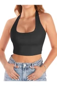 Kadın Kare Yaka Siyah Renk Crop Top Bluz - 4