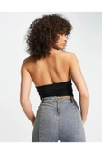 Kadın Halter Yaka Siyah Crop Top Bluz - 3