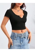 Geniş U Yaka Siyah Renk Fitilli Kısa Kollu Slim Fit Crop Top Bluz - 4