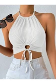 Halter Yaka Bağlamalı Büzgülü Beyaz Renk Fitilli Crop Top Bluz - 6